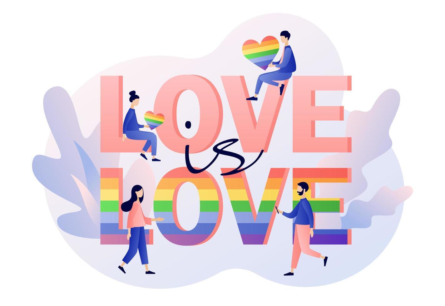 Love is love. LGBT movement concept. Tiny people with Rainbow coloured flag and hearts. Love parade. Modern flat cartoon style. Vector illustration on white background