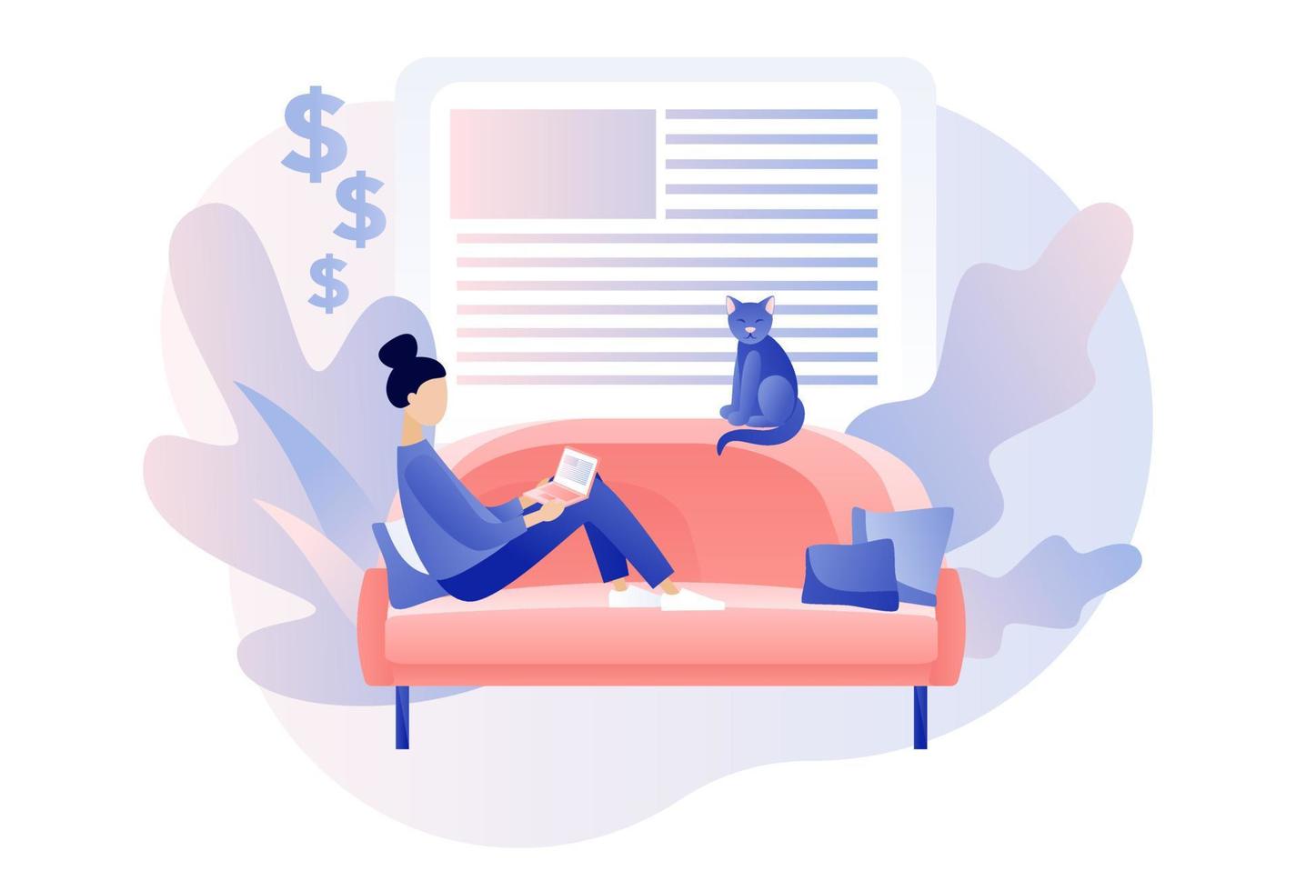 Freelance work concept. Tiny girl freelancer work in comfortable conditions sitting on couch. Home working space. Modern flat cartoon style. Vector illustration on white background