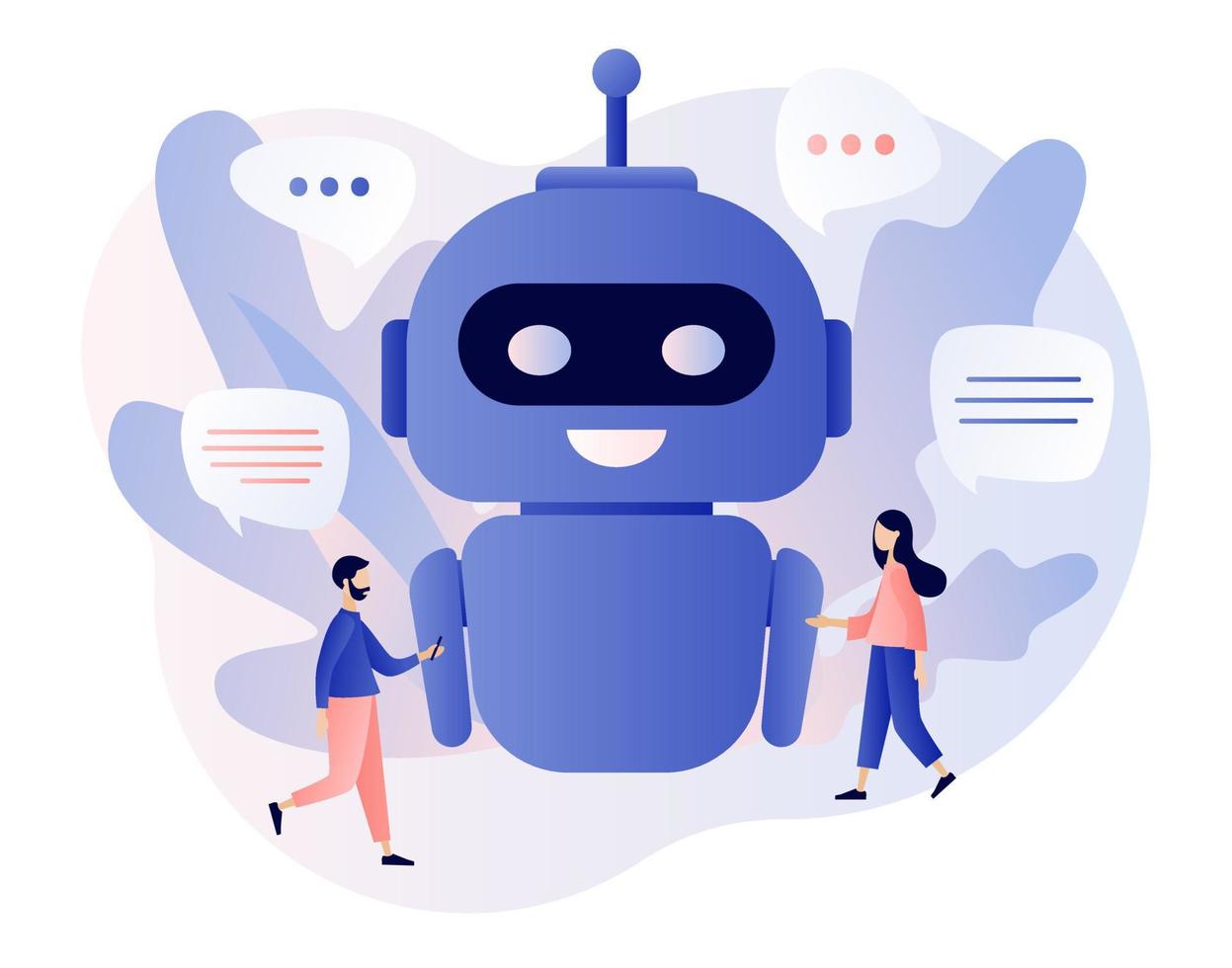 Chatbot concept. Tiny people chatting with chatbot application. AI robot assistant, online customer support. Modern flat cartoon style. Vector illustration on white background