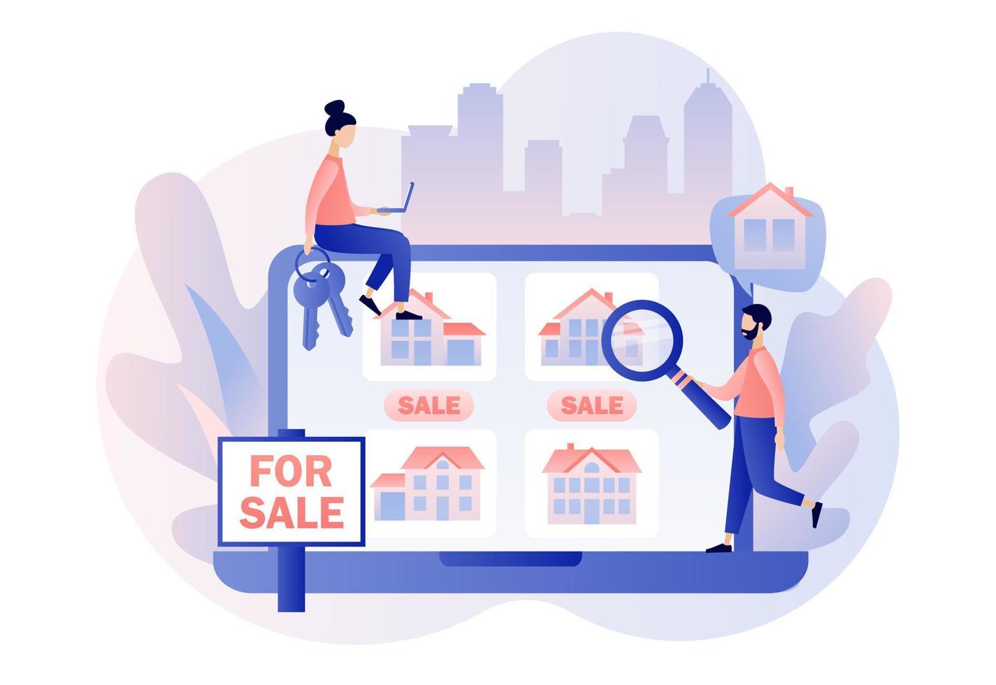 House for sale. Real estate business concept with houses. Tiny real estate agent or broker looking for house in website. Modern flat cartoon style. Vector illustration on white background