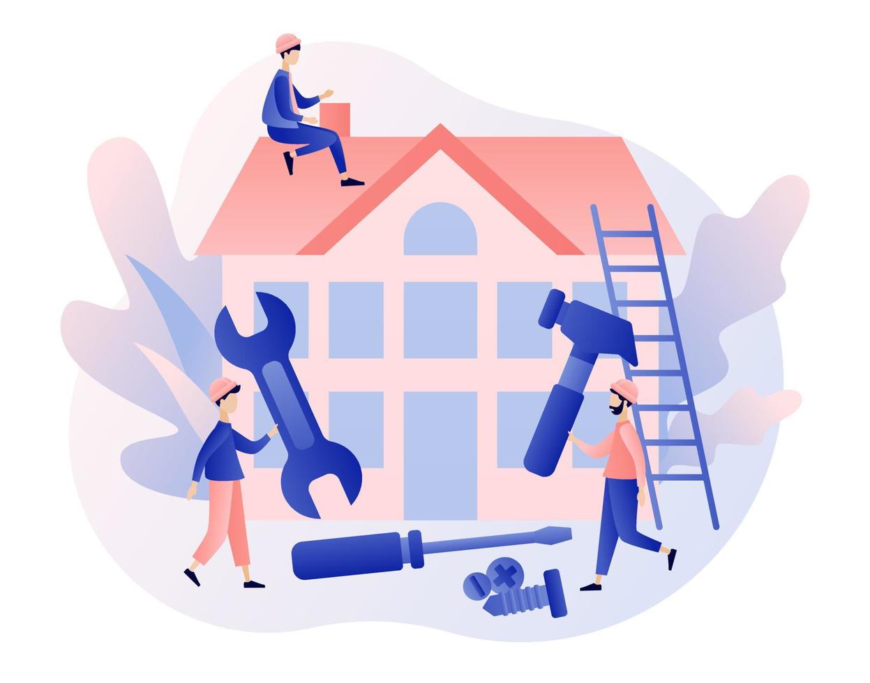 Build and Home Repair concept. Tiny men builders and repairers working with professional tools. Modern building process. Modern flat cartoon style. Vector illustration on white background