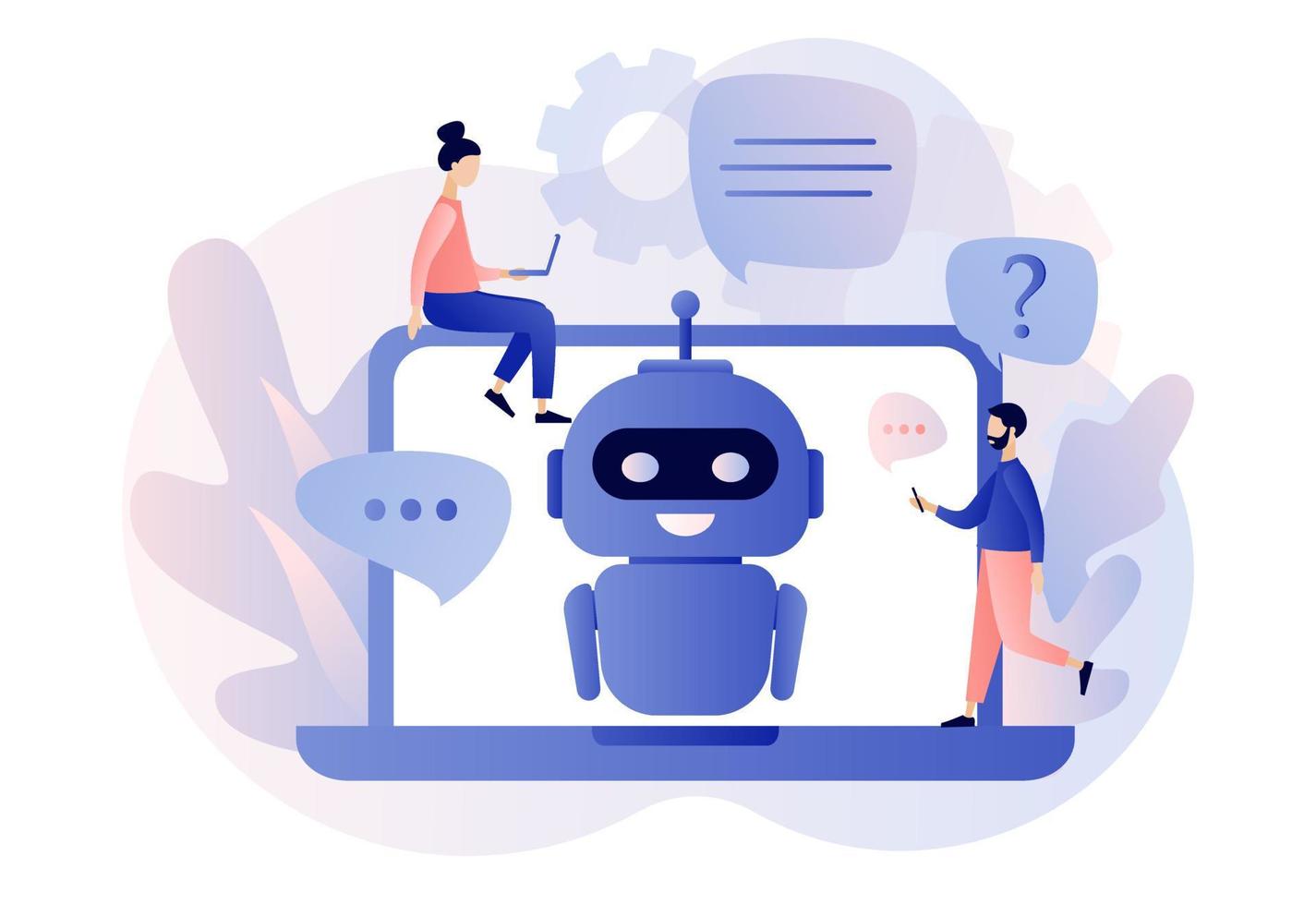 Chatbot concept. AI robot assistant, online customer support. Tiny people chatting with chatbot in laptop. Modern flat cartoon style. Vector illustration on white background