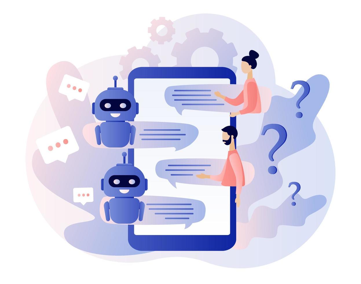 concepto de chatbot. asistente de robot ai, atención al cliente en línea. personas diminutas chateando con la aplicación chatbot. estilo moderno de dibujos animados planos. Ilustración vectorial sobre fondo blanco vector