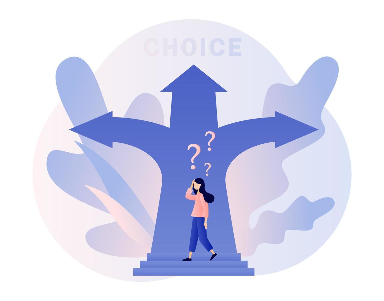 Make your choice. Tiny girl choosing of way. Metaphor alternatives or opportunities, life dilemma, decision making. Modern flat cartoon style. Vector illustration on white background