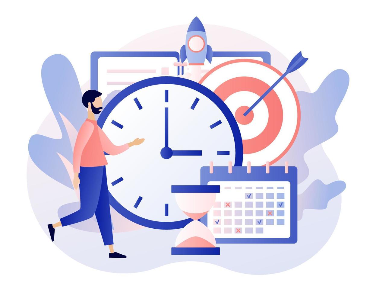 Time management, self control, self management, target, productivity metaphors. Self Discipline and Motivation concept. Modern flat cartoon style. Vector illustration on white background