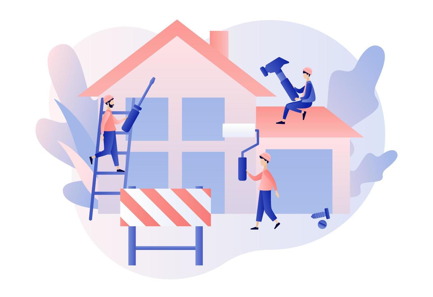 Build and Home Repair concept. Modern building process. Tiny men builders and repairers working with professional tools. Modern flat cartoon style. Vector illustration on white background