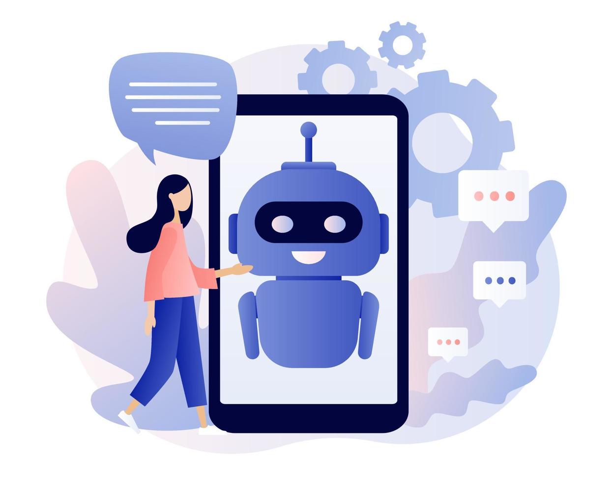 chatbot concepto. ai robot asistente, en línea cliente apoyo. minúsculo niña chateando con chatbot solicitud. moderno plano dibujos animados estilo. vector ilustración en blanco antecedentes