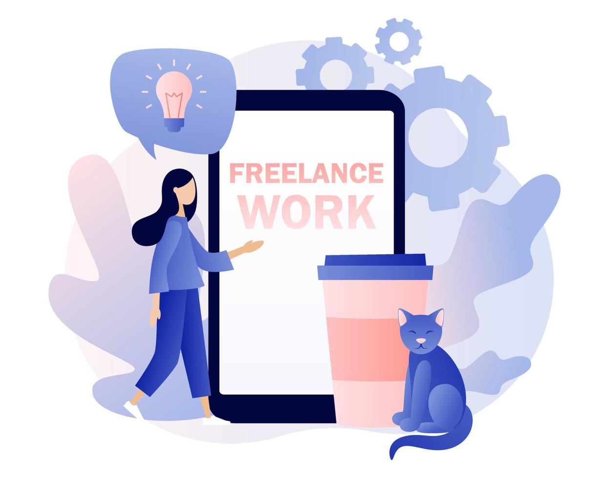 Freelance work concept. Tiny girl work in comfortable conditions with smartphone. Home office. Working space. Modern flat cartoon style. Vector illustration on white background