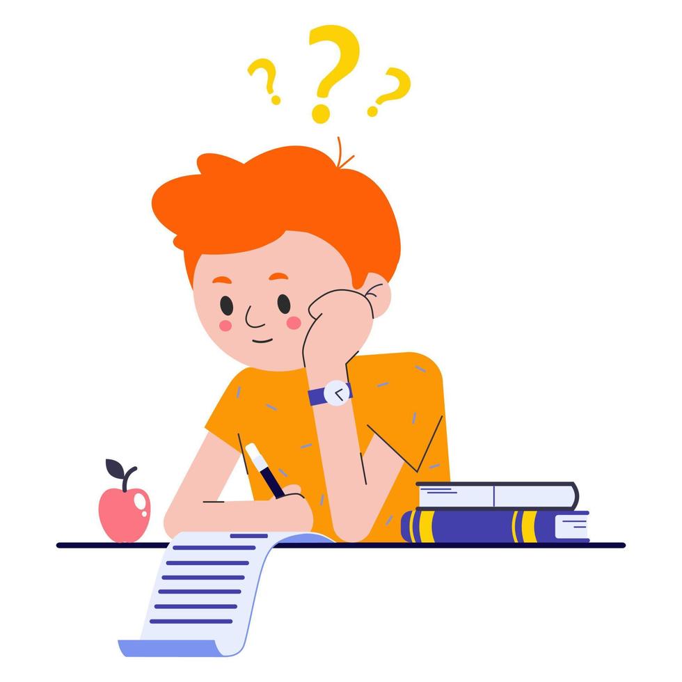 Boy on school exam. Kid study and think about test or homework in class. Pupil confused how to do survay on blank. Vector illustration about child education