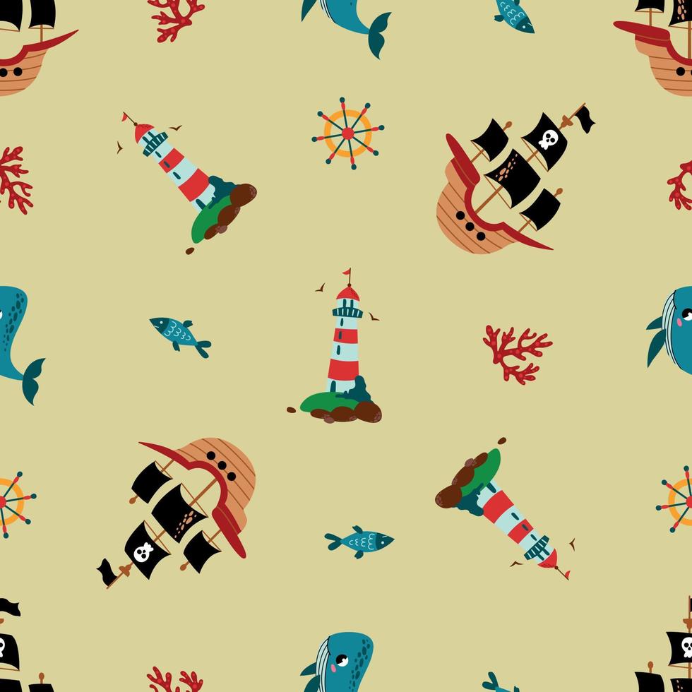 Seamless pattern with pirate ships. Design for fabric, textile, wallpaper, packaging. vector