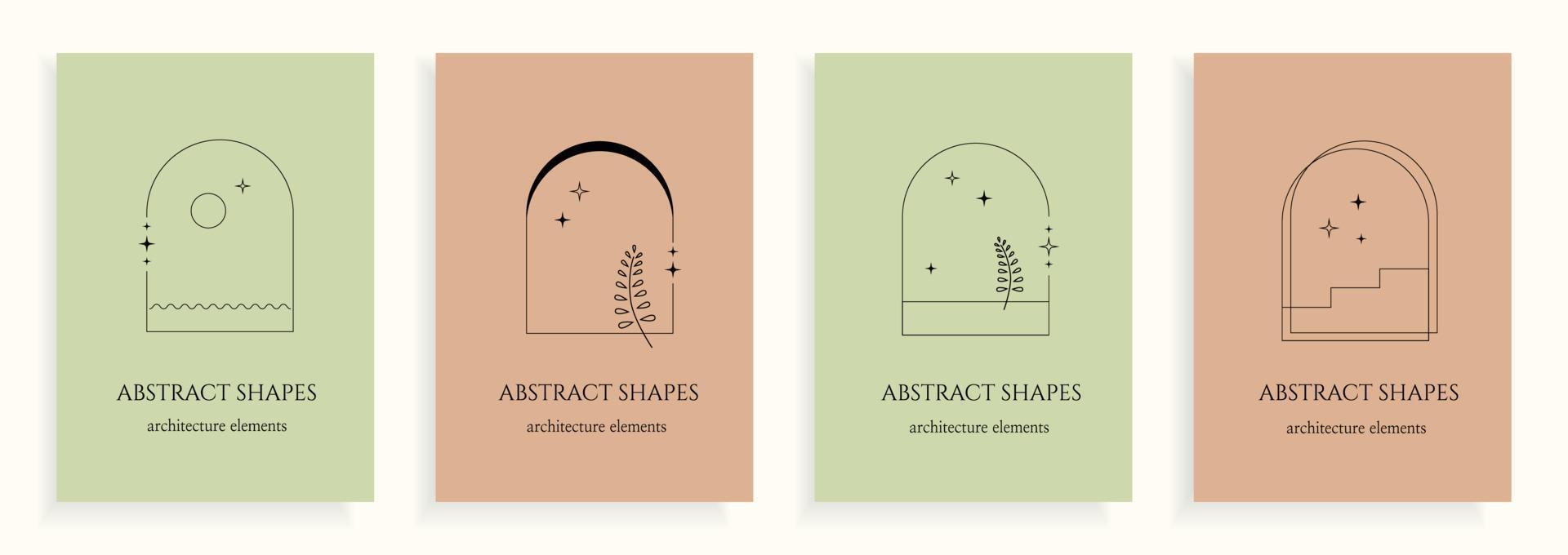 Collection of four vector poster with y2k arch, architectural abstract frames, elements with stars on a simple colored background.