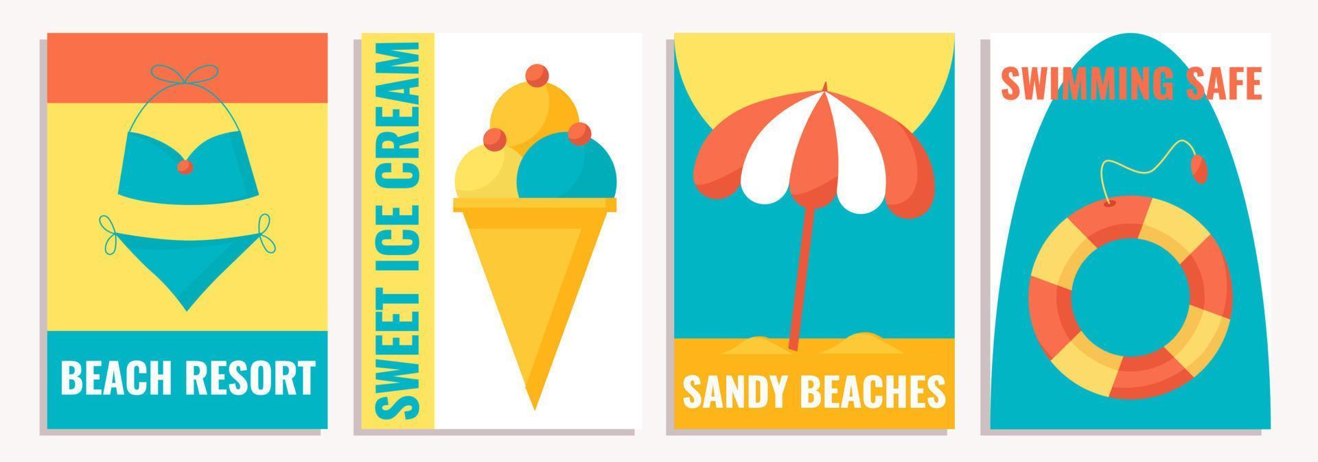 Collection of four summer posters, templates, vector illustrations of summer days in a flat style.