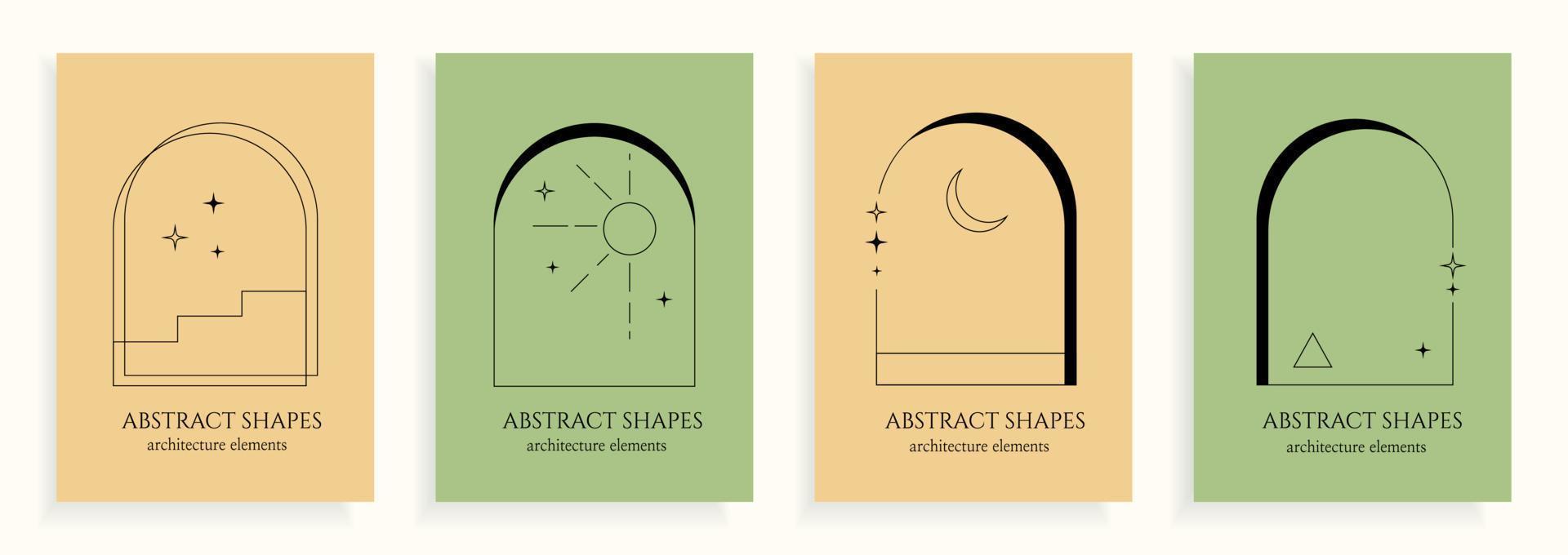 Collection of four vector poster with y2k arch, architectural abstract frames, elements with stars on a simple colored background.