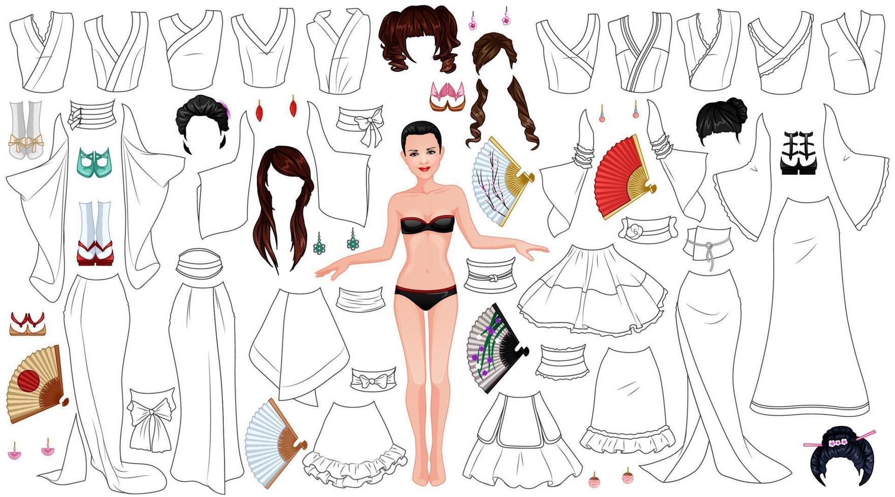 Kimono Dress Coloring Page Paper Doll with Female Figure, Clothes, Hairstyles and Accessories. Vector Illustration