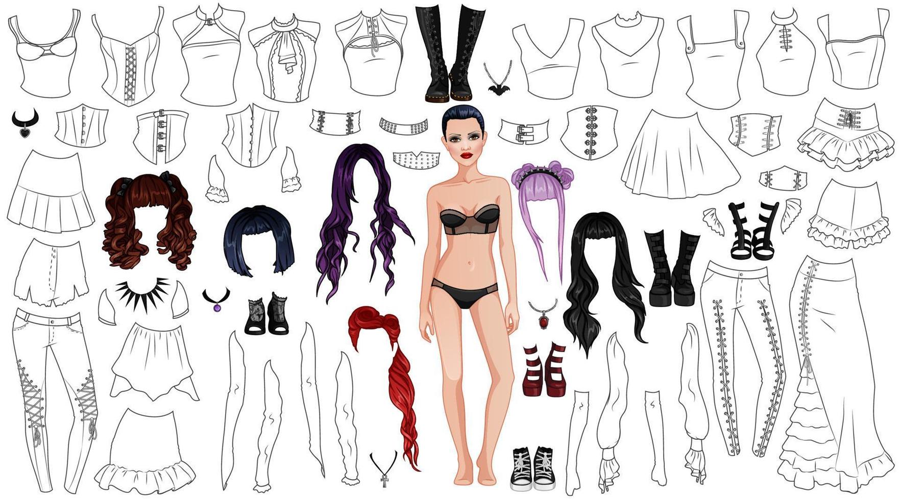 Goth Girl Coloring Page Paper Doll with Female Body Template, Clothing, Hairstyles and Accessories. Vector Illustration