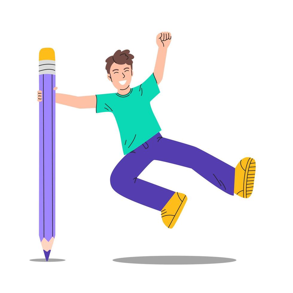 Cute smiling student holds a big pencil and jumping. Concept for education, creation, design, blog. Isolated flat cartoon character on white background vector