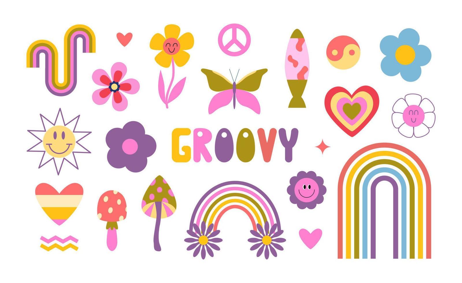 Retro 70s Groovy Hippie revival set. Y2k. Retro vibes. Groovy daisy flowers, rainbows, mushrooms, sign peace, hearts, lava lamp, flower child, cute cartoon flowers. Isolated sticker pack. Nostalgia vector