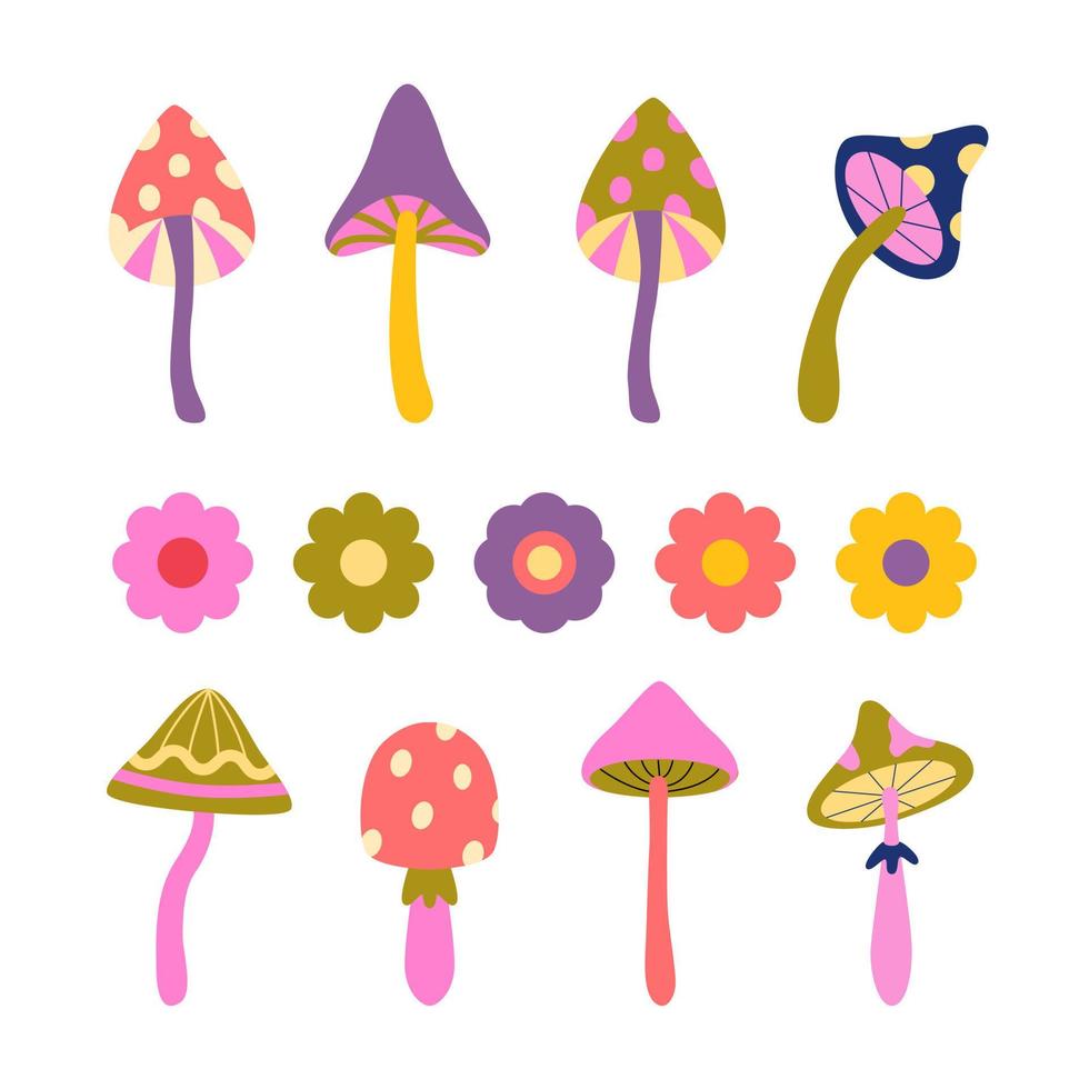 Set of 70s retro groovy psychedelic mushrooms. Magic vintage nostalgia clipart. Great for wall art print, poster, card, graphic tee vector