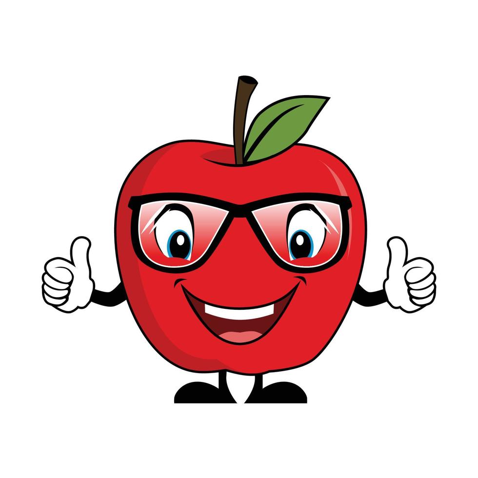 rojo manzana dibujos animados personaje con Gafas de sol dando pulgares arriba. adecuado para póster, bandera, web, icono, mascota, antecedentes vector