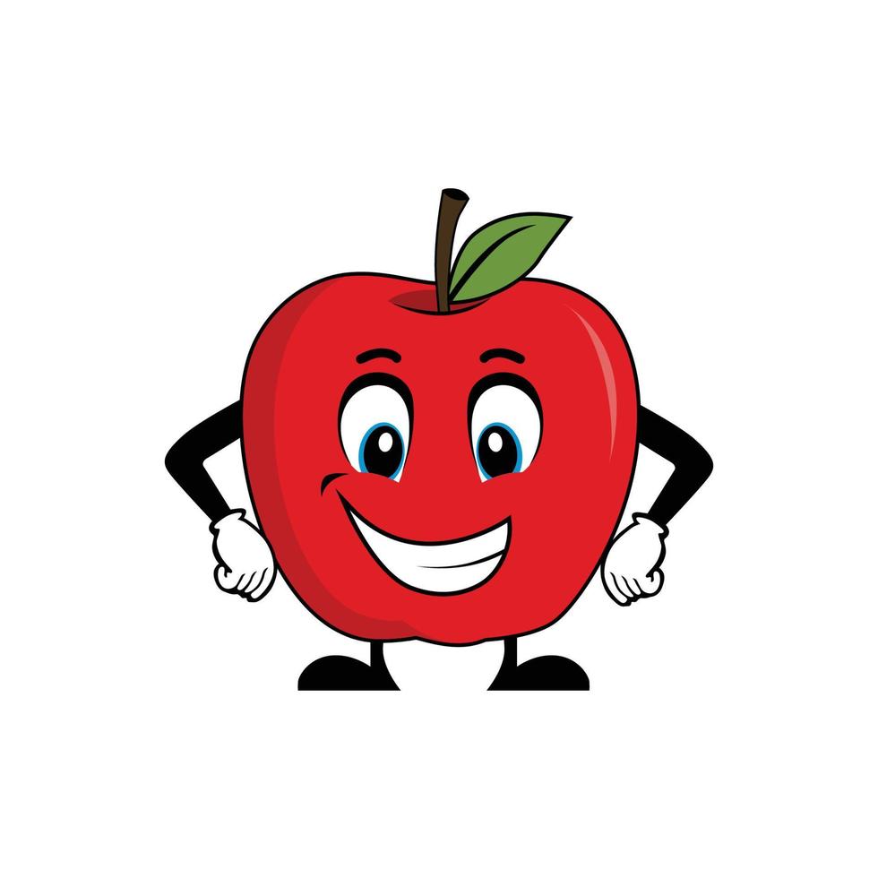 sonriente manzana Fruta personaje dibujos animados con brazos en caderas. adecuado para póster, bandera, web, icono, mascota, antecedentes vector