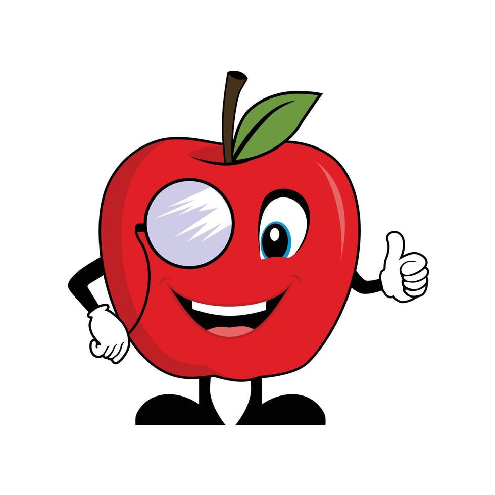 rojo manzana dibujos animados personaje con Gafas de sol dando pulgares arriba. adecuado para póster, bandera, web, icono, mascota, antecedentes vector