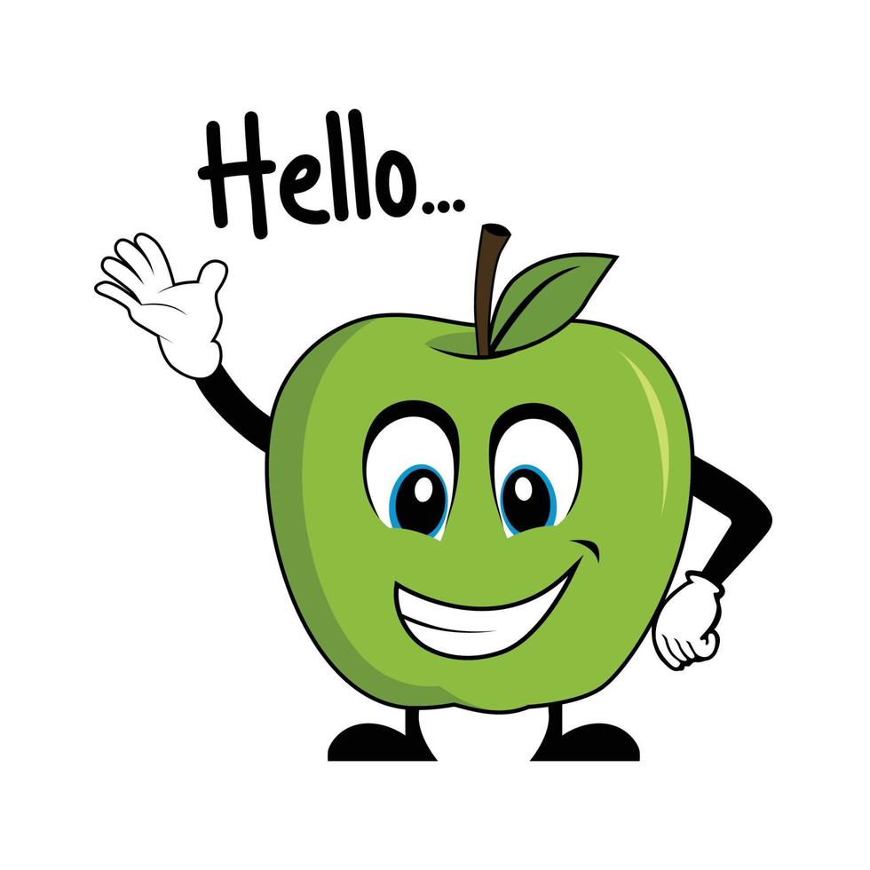 Green apple cartoon character saying hello. Suitable for poster, banner, web, icon, mascot, background vector