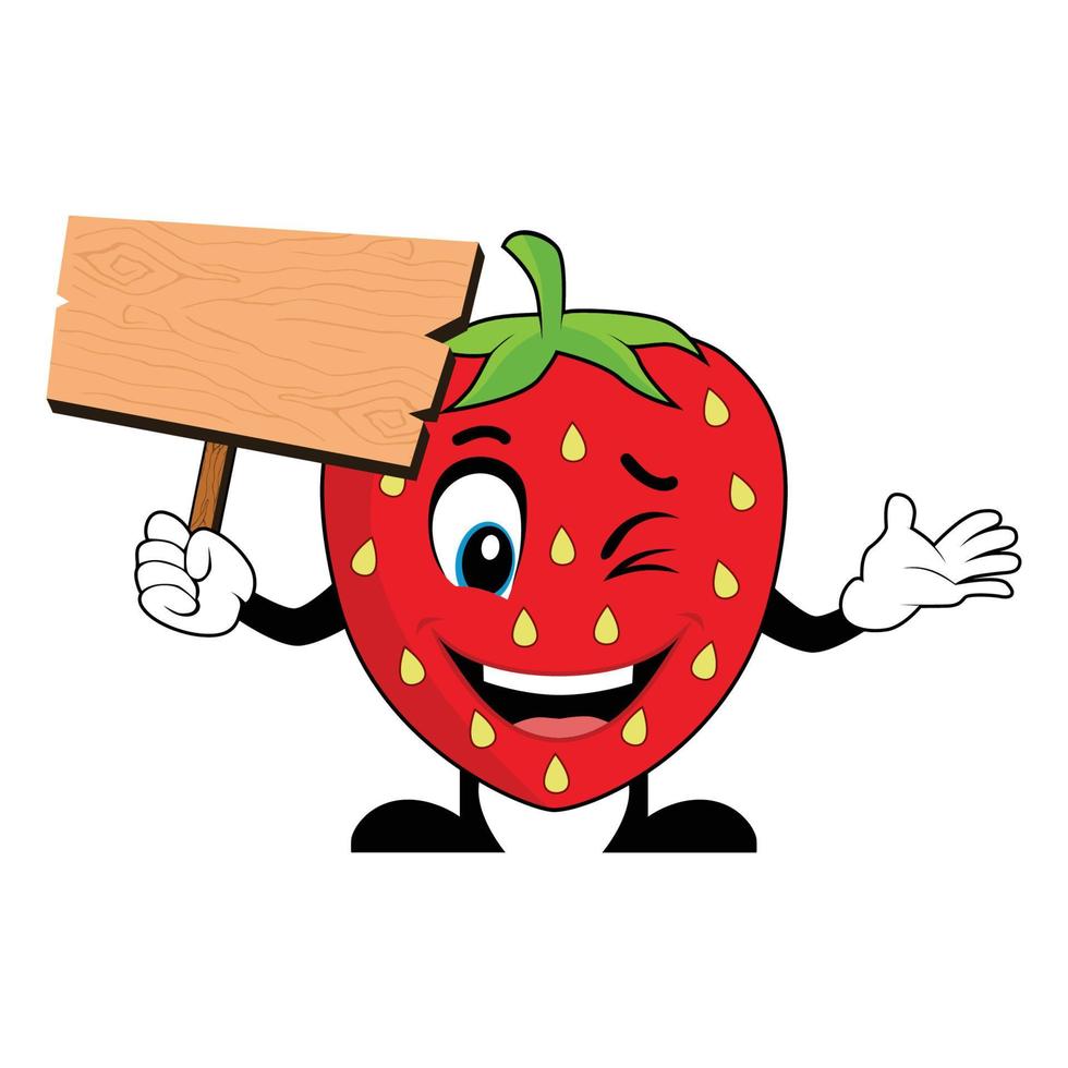 Strawberry Mascot Cartoon Holding Up A Blank Wood Sign. Suitable for poster, banner, web, icon, mascot, background etc vector