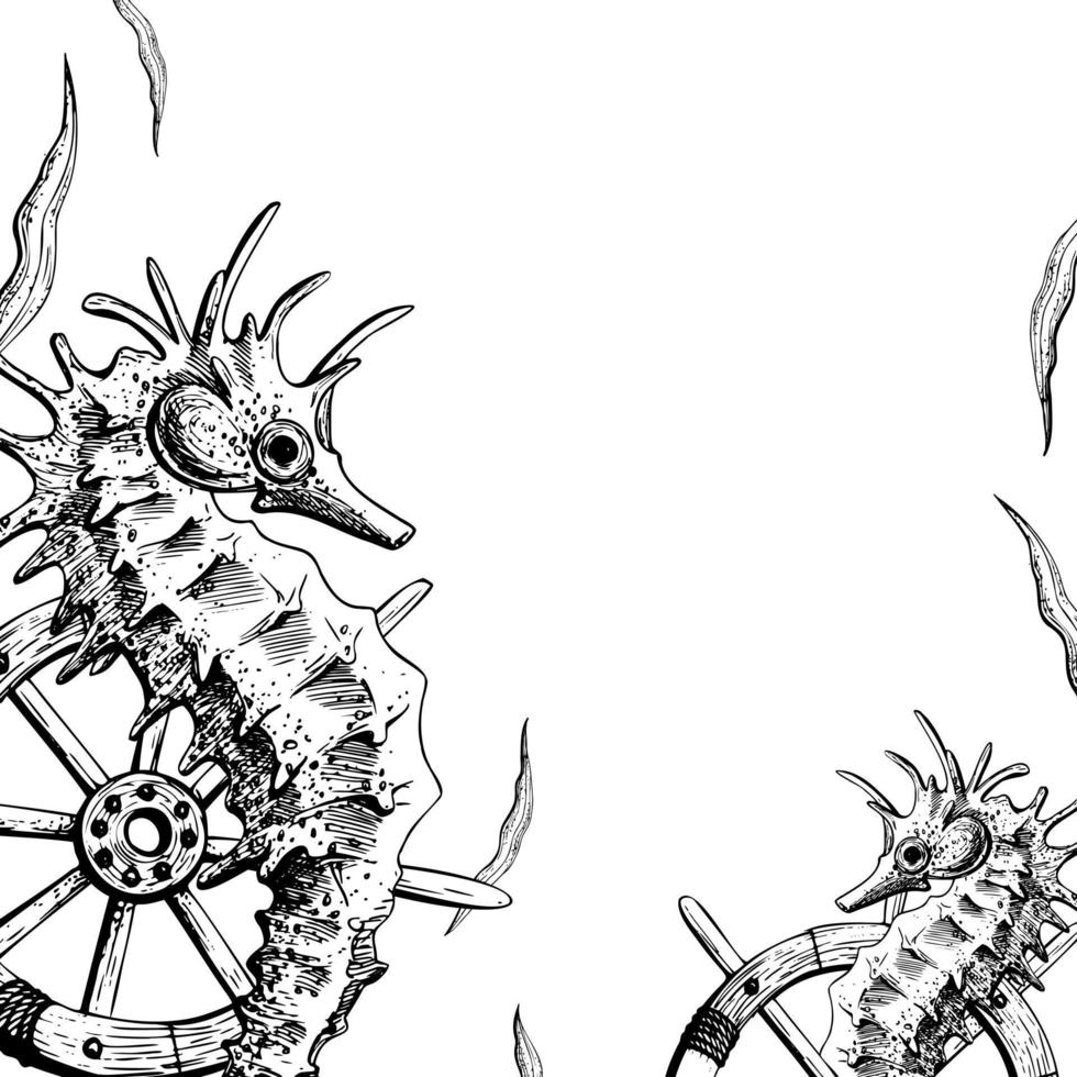 WebSeahorse with ship's wheel and seaweed. Illustration of hand drawn graphics, vector in EPS format. template on white background.