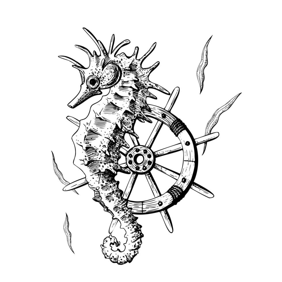 Seahorse with ship's wheel and seaweed. Illustration of hand drawn graphics, vector in EPS format. Composition isolated on white background.