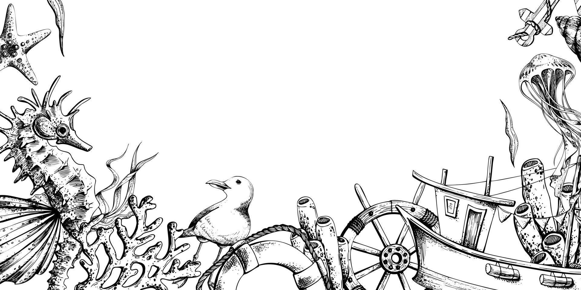 marina animales con un pescar bote, un direccion rueda y un vida boya. ilustración de mano dibujado gráficos, vector en eps formato. plantilla, marco en un blanco antecedentes.