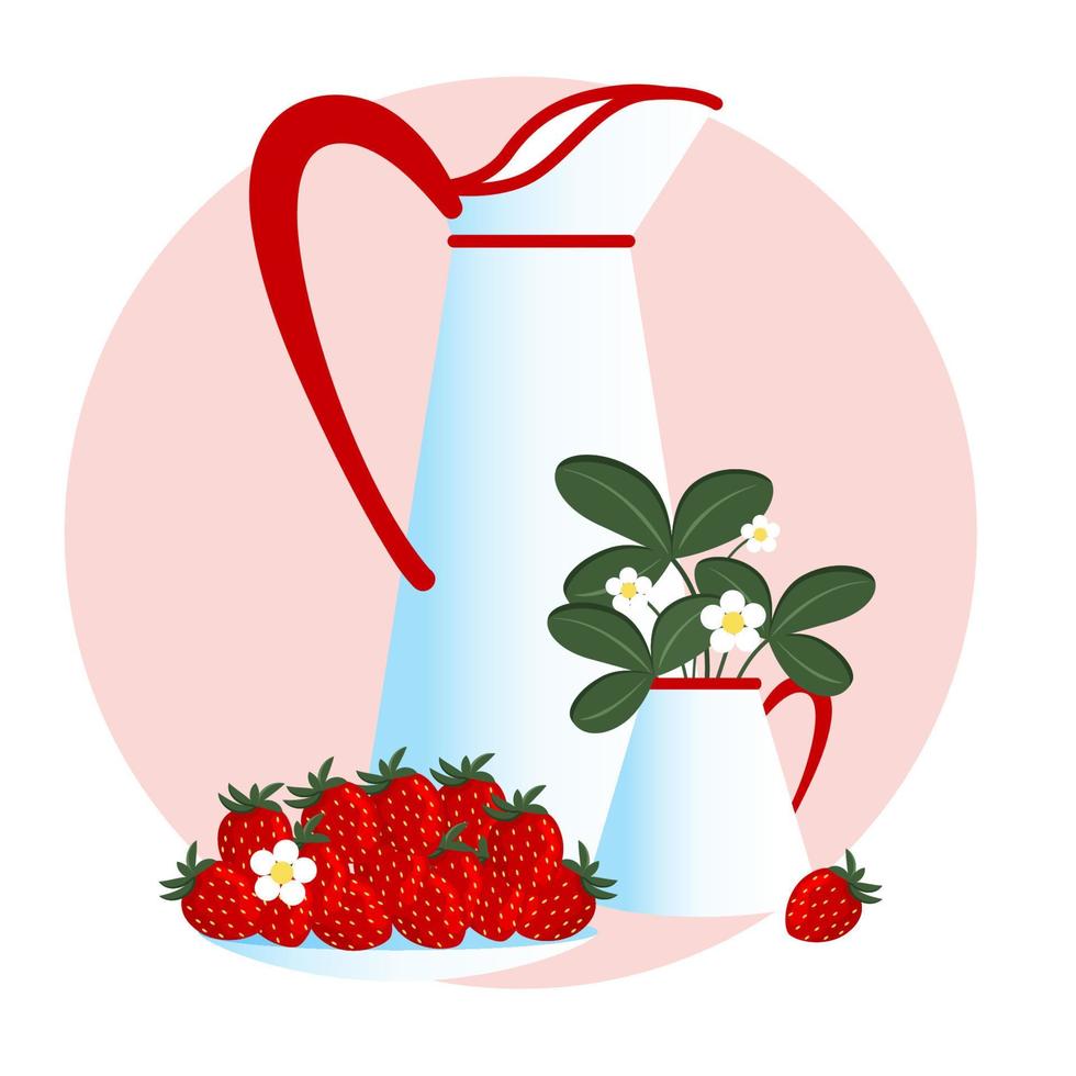 Strawberry still life style vector illustration. Strawberries on a plate, a big vintage jug and a jug with blossoms and leaves.