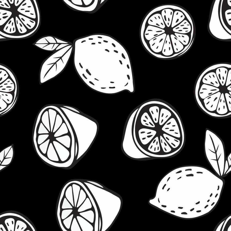 Decorative Seamless Vector Pattern with Doodle lemon on black. Graphic Doodle Sketch Lemons Pattern