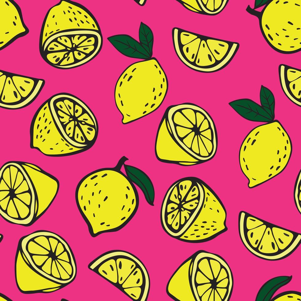 Vector Seamless Decorative Pattern with Lemons on Vibrant Pink Background. Graphic Doodle Sketch Lemons Modern Pattern