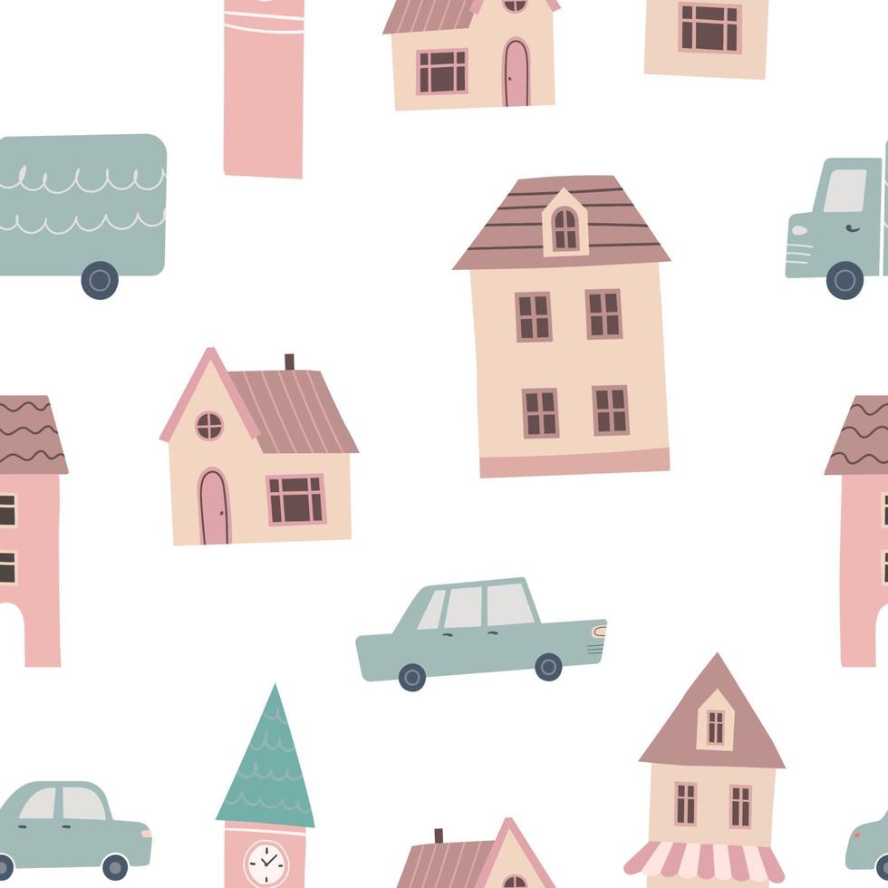 Seamless pattern with cute town elements on white background. Small tiny houses, trees, cars, cafe vector illustration. Flat design. Hand draw style