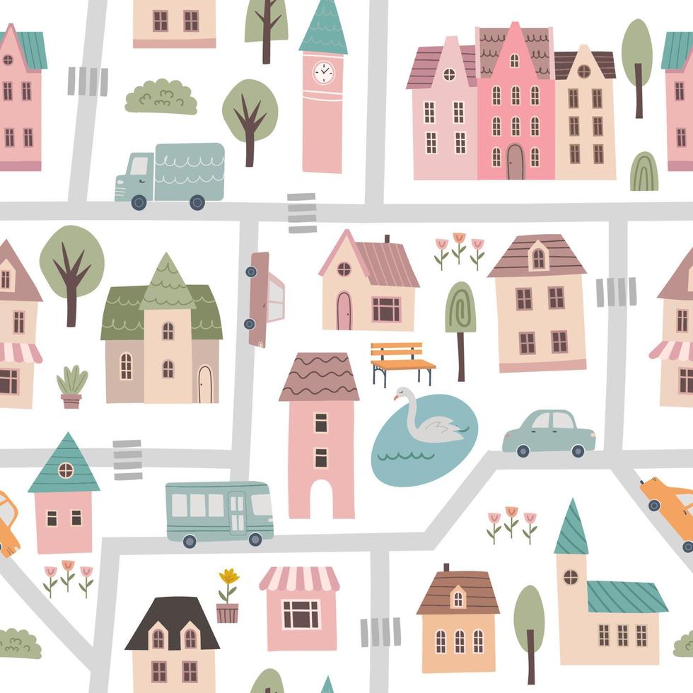 Seamless pattern with small cute town map. Houses, trees, animals, cars, roads vector illustration. Cartoon buildings collection. Hand draw style. City elements on white background. Flat design