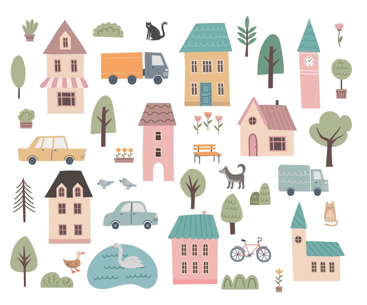 Various small tiny houses, trees, animals, cars vector set. Cartoon buildings icons collection. Hand draw style. Cute town design elements isolated on white background. Flat design