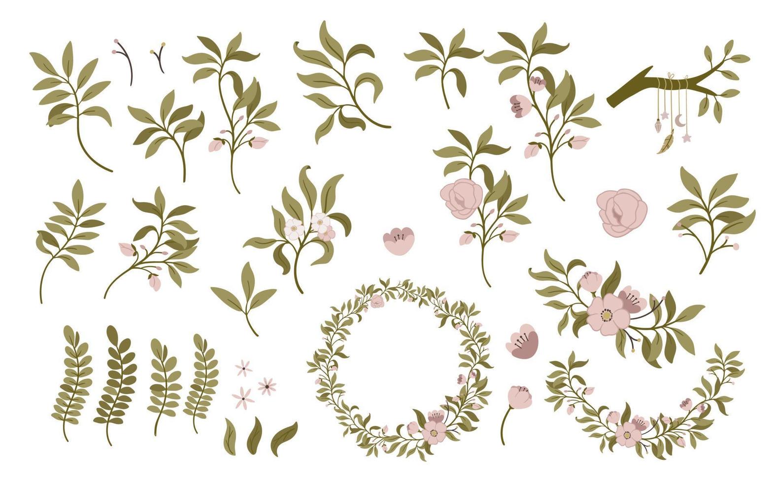 Set of hand drawn floral elements. Flower pink, green leaves, branch. Botanic decoration vector illustration for wedding card, fabric, and invitation