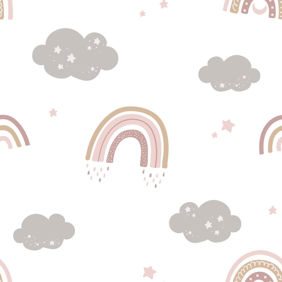 Cute seamless pattern with rainbows and clouds. Creative baby texture for fabric, wrapping paper, textile, cloth. Hand drawn vector background for kids.