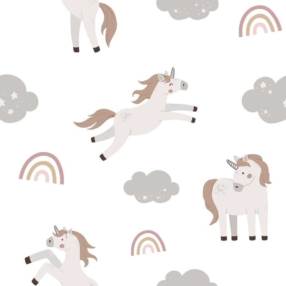 Seamless pattern with cute unicorns and rainbow. Hand drawn magic horn fly on sky. Flat celestial vector illustration.