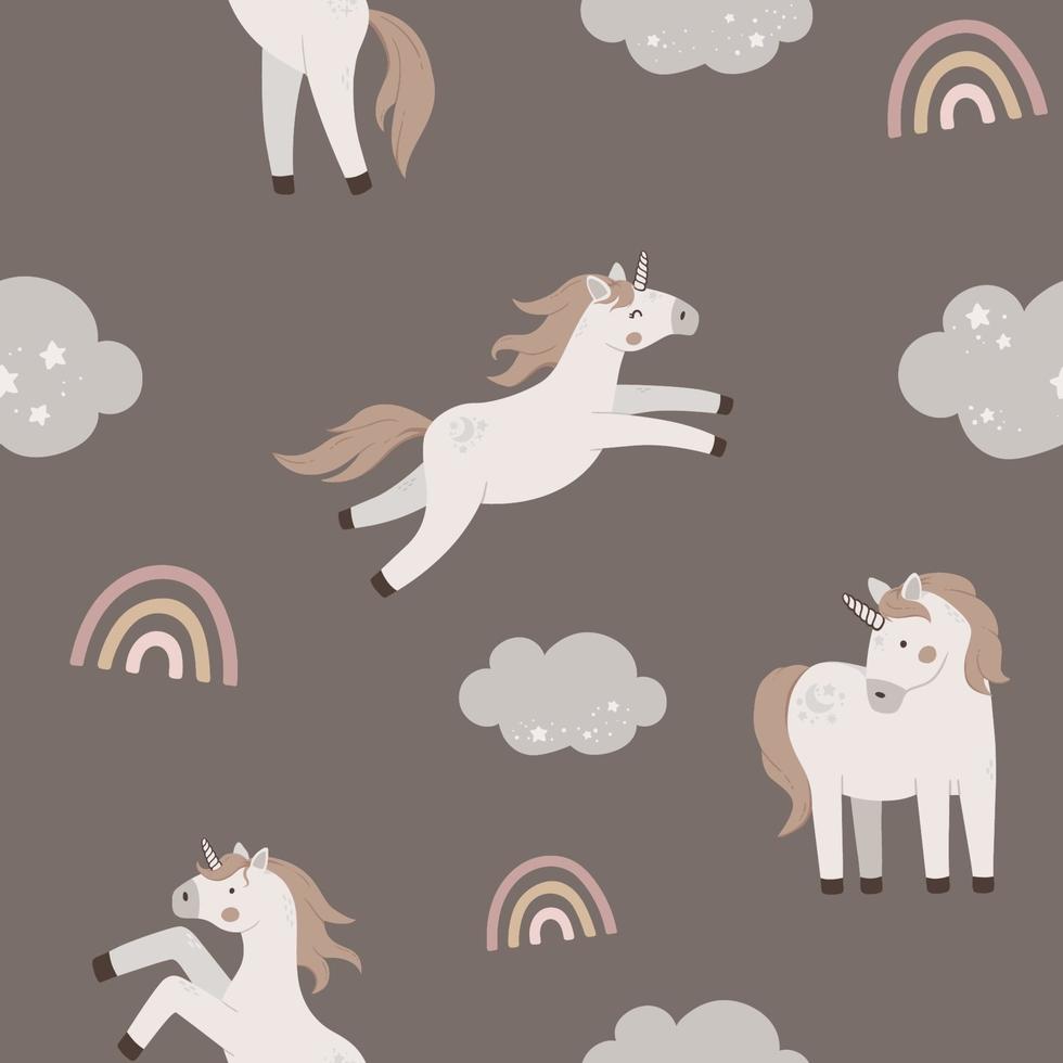 Seamless pattern with cute unicorns and rainbow. Hand drawn magic horn fly on sky. Flat celestial vector illustration.