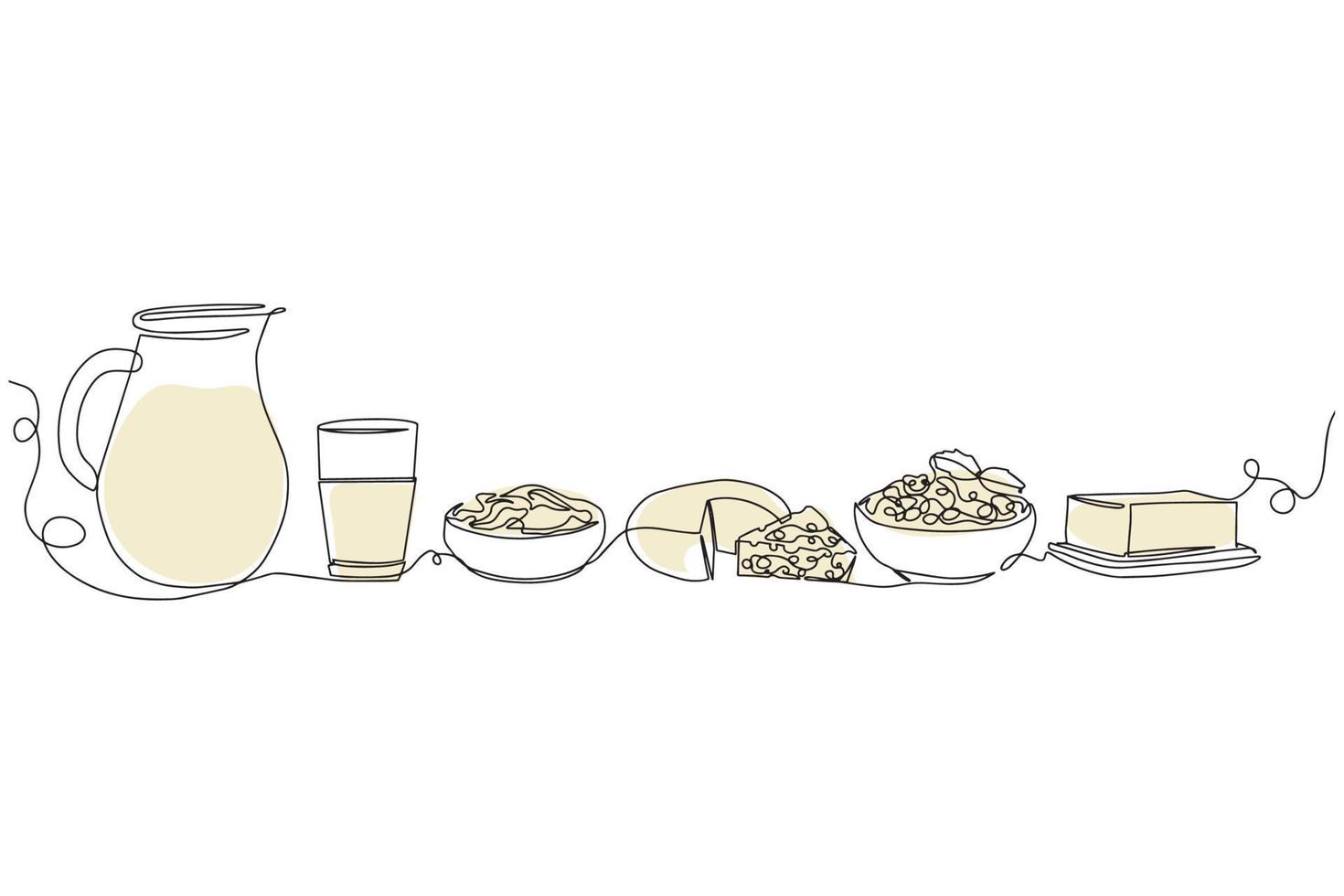 lechería productos en continuo línea Arte dibujo estilo. queso, leche, mantequilla y agrio crema negro lineal bosquejo aislado en blanco antecedentes. vector ilustración. vector