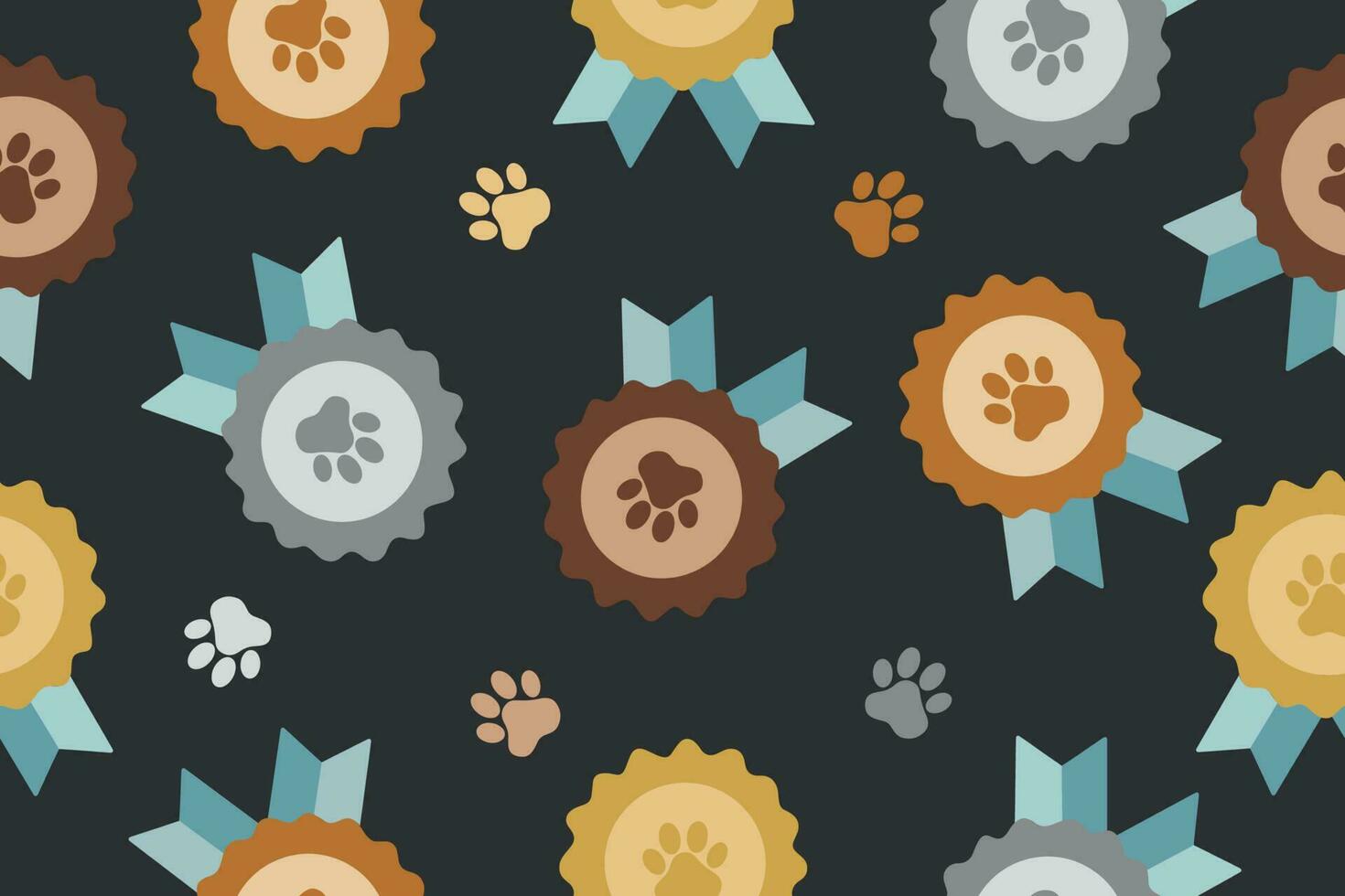 Seamless pattern of award symbol icon. Badge with dog or cat paw print and ribbons. Pet show winner concept. Vector illustration.