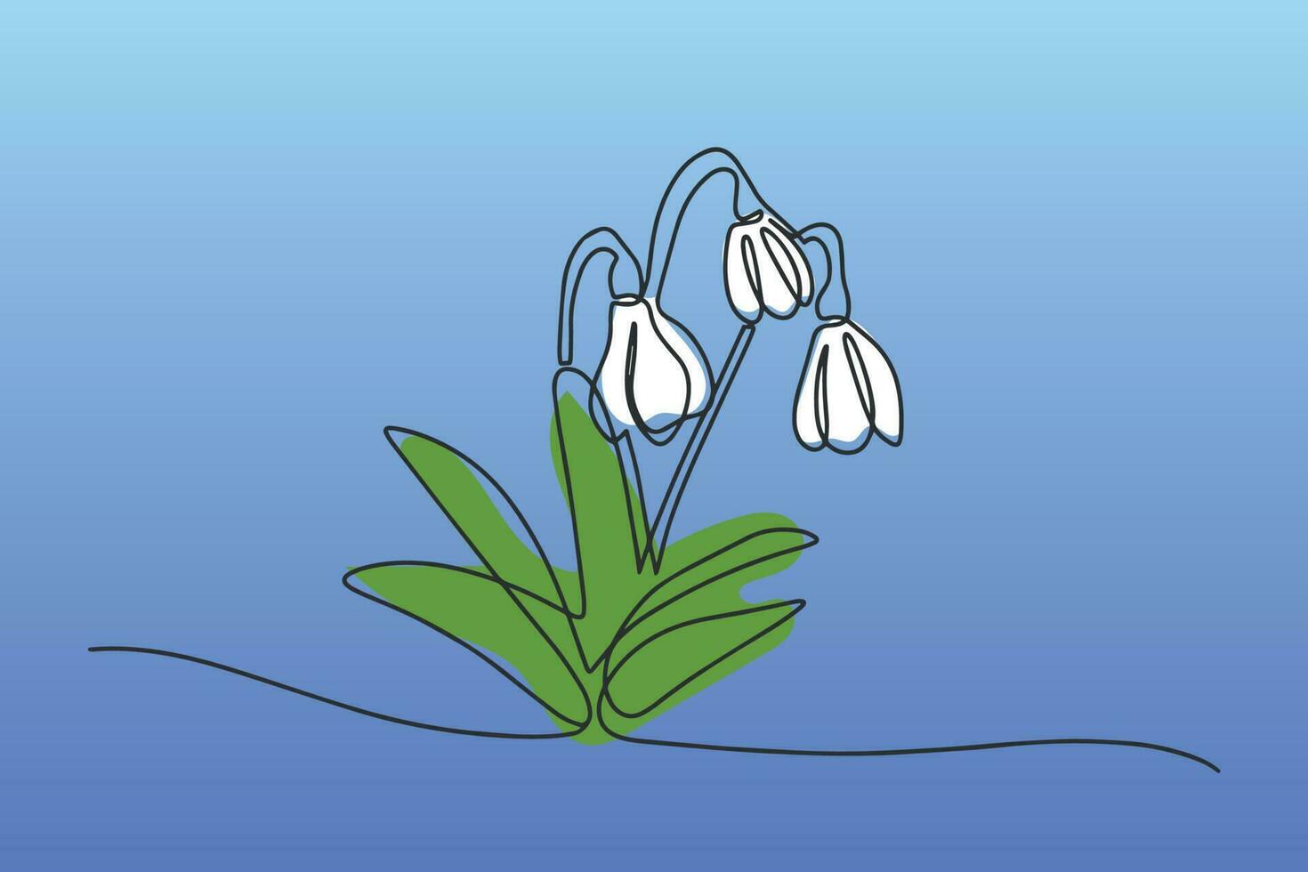 Vector illustration continuous one line of white snowdrop. Spring card with snowdrop. Spring flower
