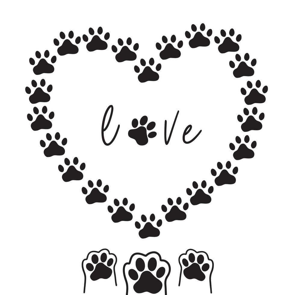 Heart from paws. Traces of dogs or cats. Vector silhouette of a heart and the inscription love. The concept of love for animals