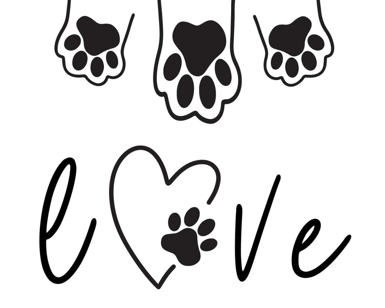 The inscription love and the paw print of the animal in the heart. Love concept. Vector illustration isolated on white background.