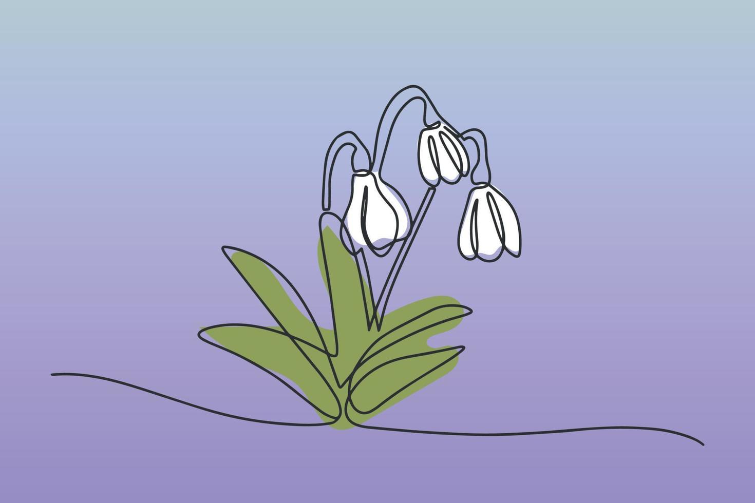 Vector illustration continuous one line of white snowdrop. Spring card with snowdrop. Spring flower