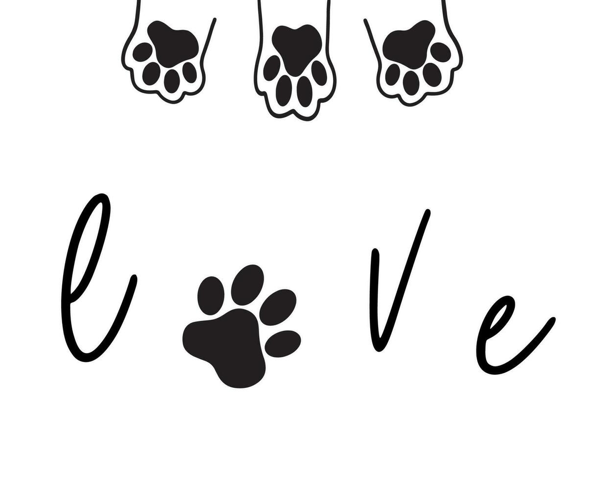 The inscription love and the paw print of the animal in the heart. Love concept. Vector illustration isolated on white background.