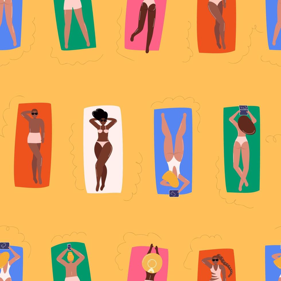 Seamless pattern with people sunbathing at beach vector illustration