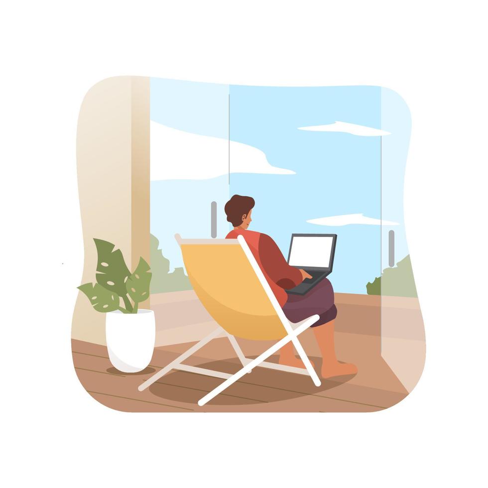 Man working on laptop while sitting on chair vector