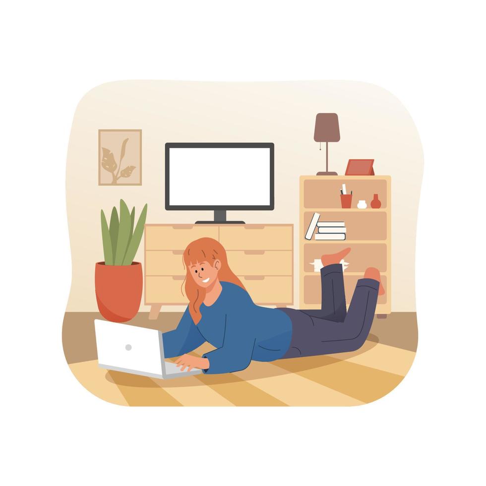 Young people working on laptop while laying down vector